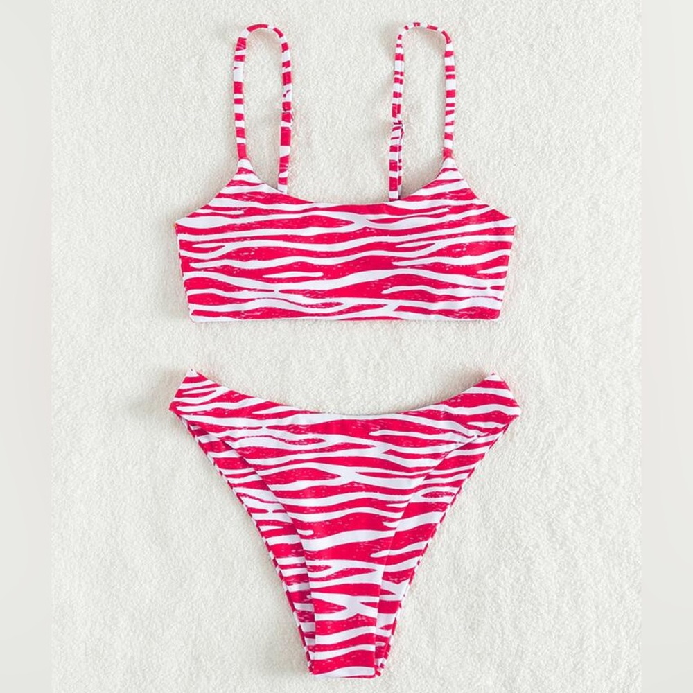 dark pink and white zebra print bikini set